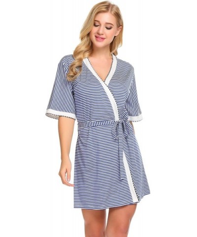 Women Striped Sleep Robes Open Front V Neck Short Sleeve Sleepwear with Belt - Blue White - CG18GAZTH2S $42.94 Robes