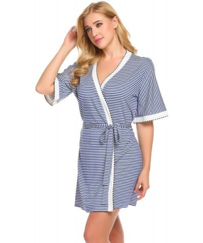 Women Striped Sleep Robes Open Front V Neck Short Sleeve Sleepwear with Belt - Blue White - CG18GAZTH2S $42.94 Robes