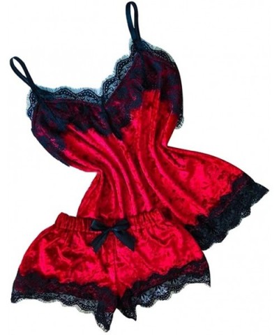 Womens Sexy Lace Trim Velvet Bralette and Shorts Pajama Set 2 PCS Lounge Comfortable V Neck Satin Sleepwear Red - C4195A3AKOC...