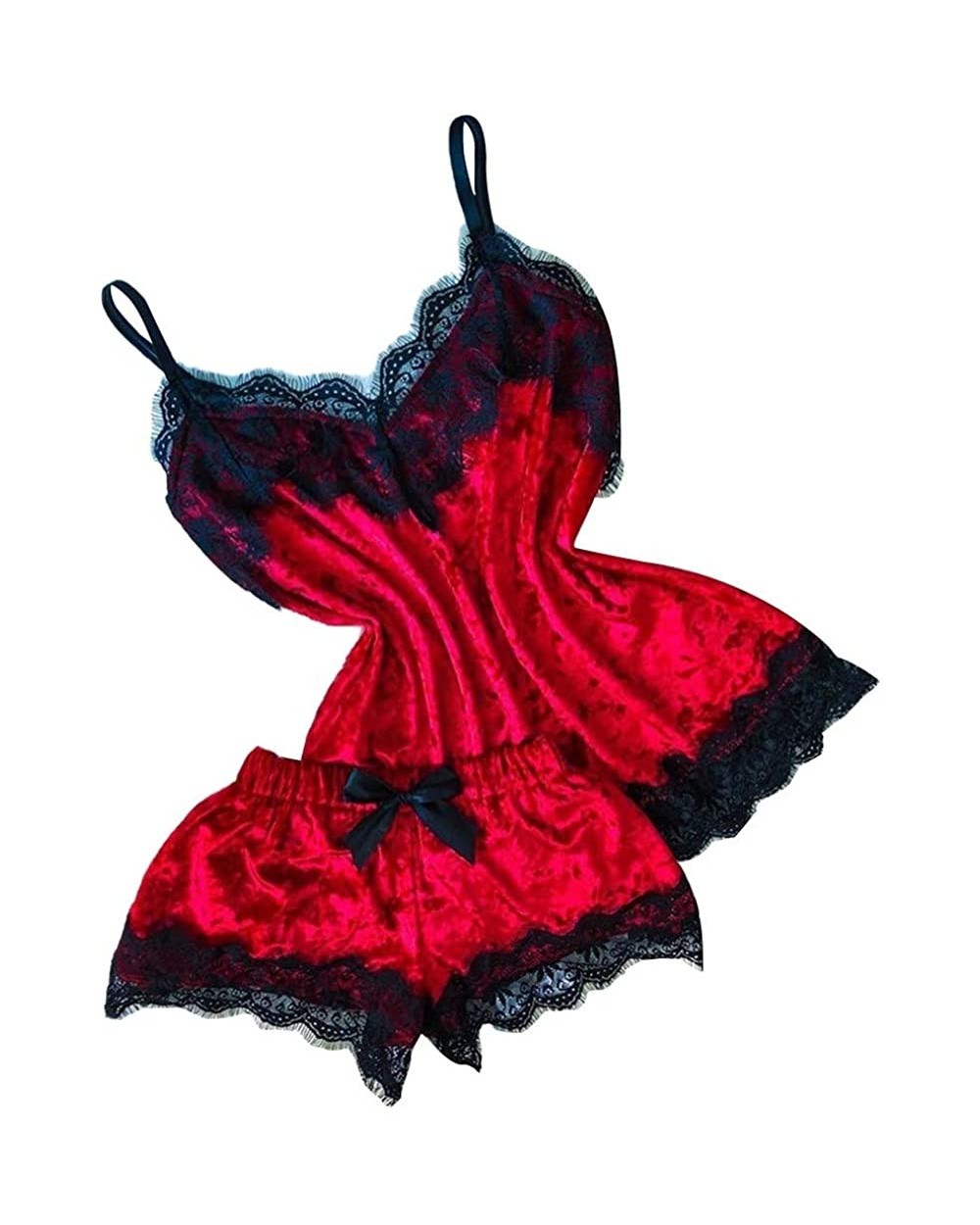 Womens Sexy Lace Trim Velvet Bralette and Shorts Pajama Set 2 PCS Lounge Comfortable V Neck Satin Sleepwear Red - C4195A3AKOC...