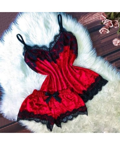 Womens Sexy Lace Trim Velvet Bralette and Shorts Pajama Set 2 PCS Lounge Comfortable V Neck Satin Sleepwear Red - C4195A3AKOC...