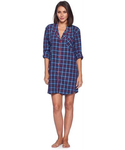 Women's Woven Plaid Long Sleeve Button Down Sleep Shirt Nightshirt - Blue/Burgundy - CP18ULZRWT2 $56.18 Nightgowns & Sleepshirts