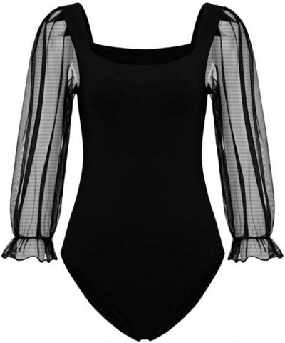 Women's Puff Sleeve Square Neck Mesh Surplice Bodysuits Sexy Leotard Tops Bodycon Jumpsuits - Black - CQ196A8WQRX $18.78 Shap...