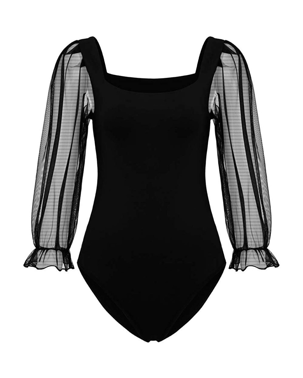 Women's Puff Sleeve Square Neck Mesh Surplice Bodysuits Sexy Leotard Tops Bodycon Jumpsuits - Black - CQ196A8WQRX $18.78 Shap...