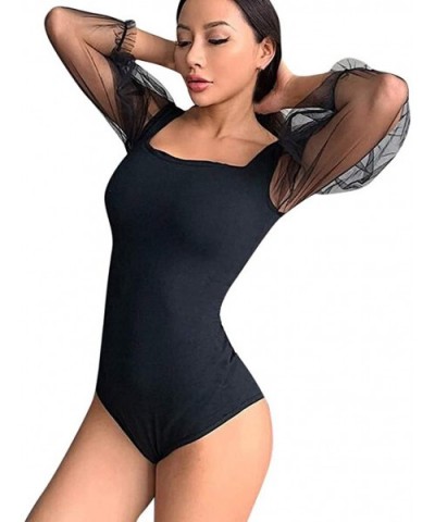 Women's Puff Sleeve Square Neck Mesh Surplice Bodysuits Sexy Leotard Tops Bodycon Jumpsuits - Black - CQ196A8WQRX $18.78 Shap...