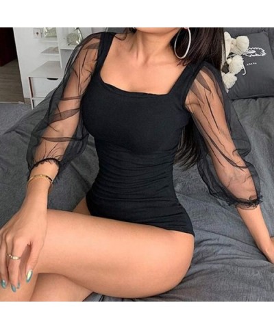 Women's Puff Sleeve Square Neck Mesh Surplice Bodysuits Sexy Leotard Tops Bodycon Jumpsuits - Black - CQ196A8WQRX $18.78 Shap...