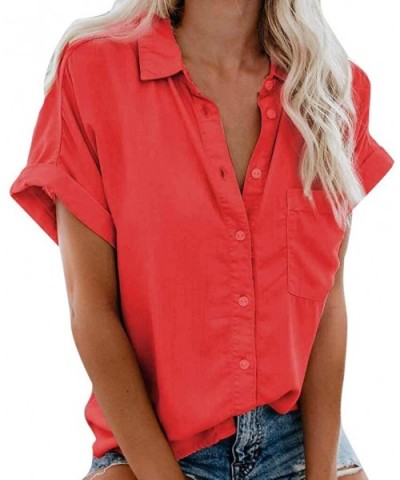 Blouse Short Sleeve Shirt- Fashion Womens Short Sleeve Pocket Button Tee Casual Popular Blouse Tops(S-3XL) - Red - CG18Y3XK4C...