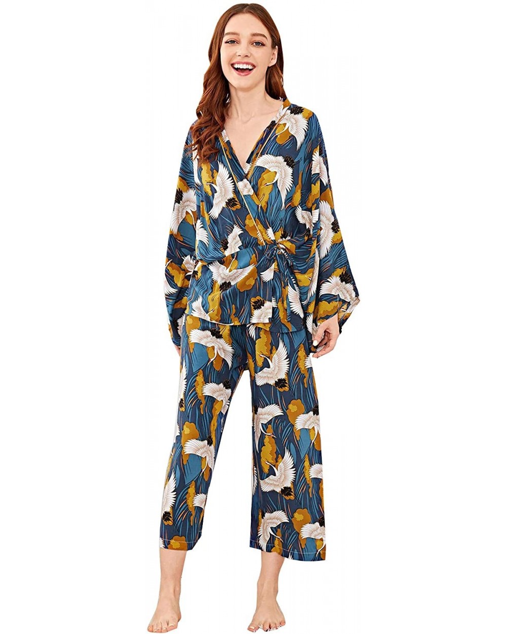 Women's 3 Piece Crane Print Cami Long Pants Pajama Robe Set Without Belt - A Multi - CX197Z9ITSE $41.65 Sets