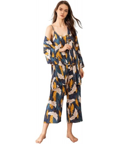 Women's 3 Piece Crane Print Cami Long Pants Pajama Robe Set Without Belt - A Multi - CX197Z9ITSE $41.65 Sets