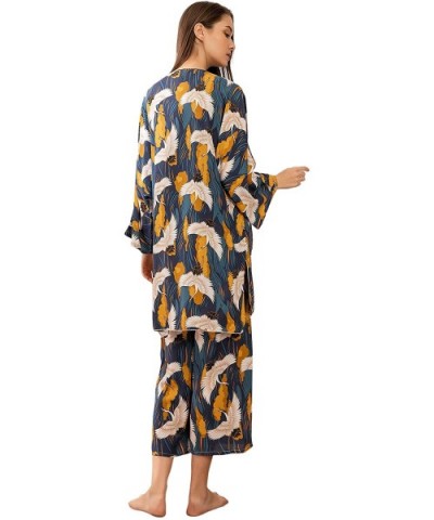 Women's 3 Piece Crane Print Cami Long Pants Pajama Robe Set Without Belt - A Multi - CX197Z9ITSE $41.65 Sets