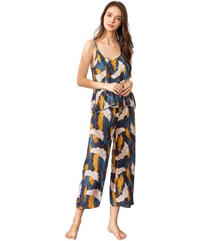 Women's 3 Piece Crane Print Cami Long Pants Pajama Robe Set Without Belt - A Multi - CX197Z9ITSE $41.65 Sets