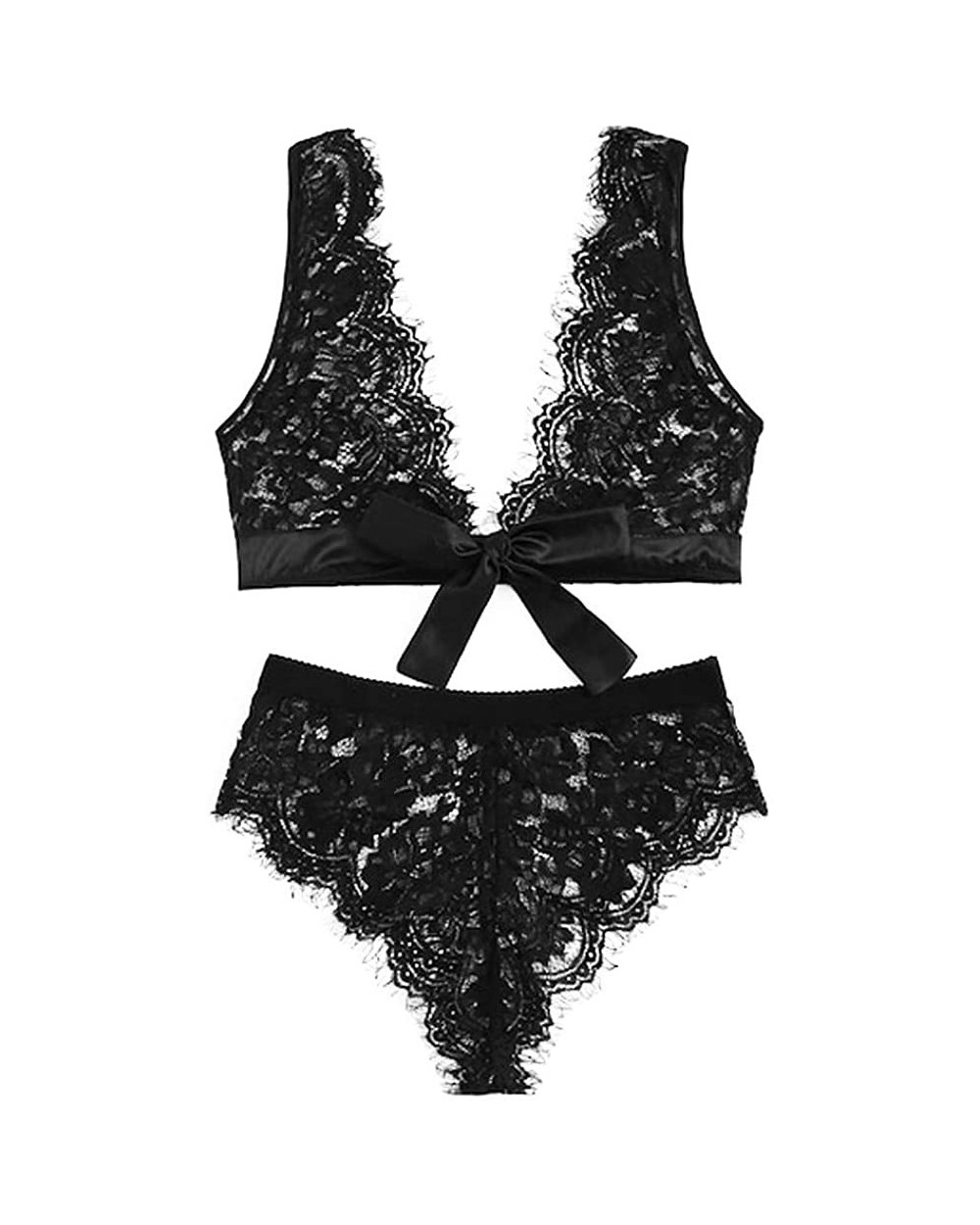 Women Lace Sleepwear Nightwear Plus Size Mesh Bra Sexy Lingerie Underpant Set Sleepwear Bow Knot Babydoll - Black1 - CG193XSH...