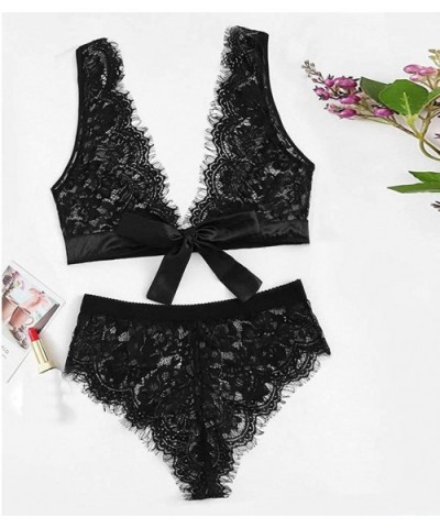 Women Lace Sleepwear Nightwear Plus Size Mesh Bra Sexy Lingerie Underpant Set Sleepwear Bow Knot Babydoll - Black1 - CG193XSH...