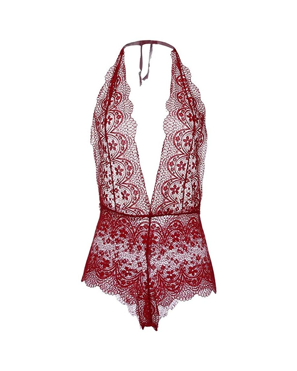 Women Sexy Halter Onesies Lingerie Set Backless Lace Perspective Exotic Jumpsuit Temptation Conjoined Underwear M-3XL - Wine ...