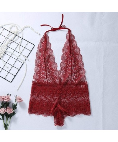 Women Sexy Halter Onesies Lingerie Set Backless Lace Perspective Exotic Jumpsuit Temptation Conjoined Underwear M-3XL - Wine ...