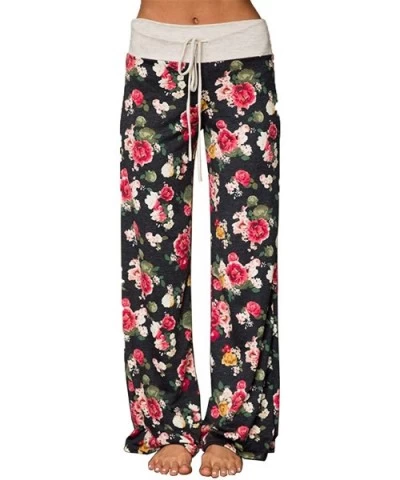 Women's Comfy Stretch Floral Print Drawstring Long Wide Leg Lounge Pants - Black - CZ1887YCETN $25.37 Bottoms