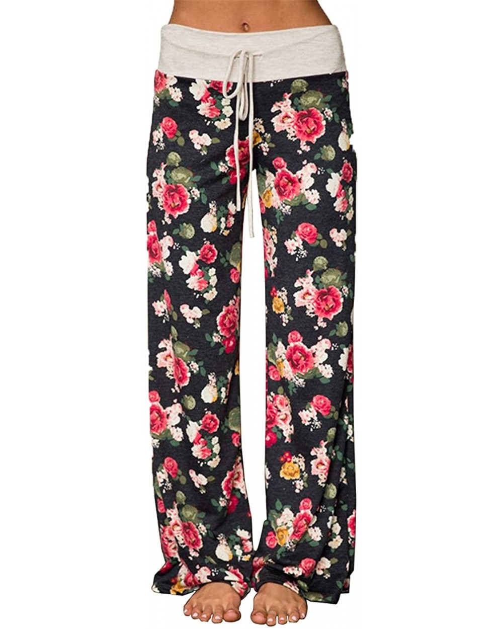 Women's Comfy Stretch Floral Print Drawstring Long Wide Leg Lounge Pants - Black - CZ1887YCETN $25.37 Bottoms