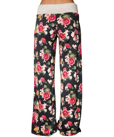 Women's Comfy Stretch Floral Print Drawstring Long Wide Leg Lounge Pants - Black - CZ1887YCETN $25.37 Bottoms