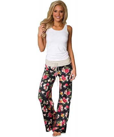 Women's Comfy Stretch Floral Print Drawstring Long Wide Leg Lounge Pants - Black - CZ1887YCETN $25.37 Bottoms