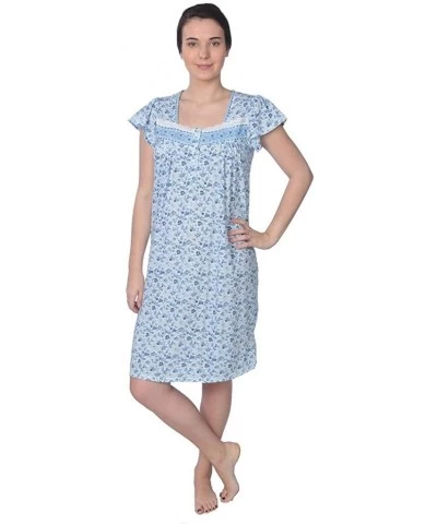 Women's Cotton Floral Print Short Sleeve Knit Nightgown - Green With Lace Chest - C418D97O2T3 $23.57 Nightgowns & Sleepshirts