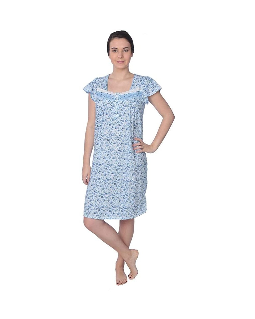 Women's Cotton Floral Print Short Sleeve Knit Nightgown - Green With Lace Chest - C418D97O2T3 $23.57 Nightgowns & Sleepshirts