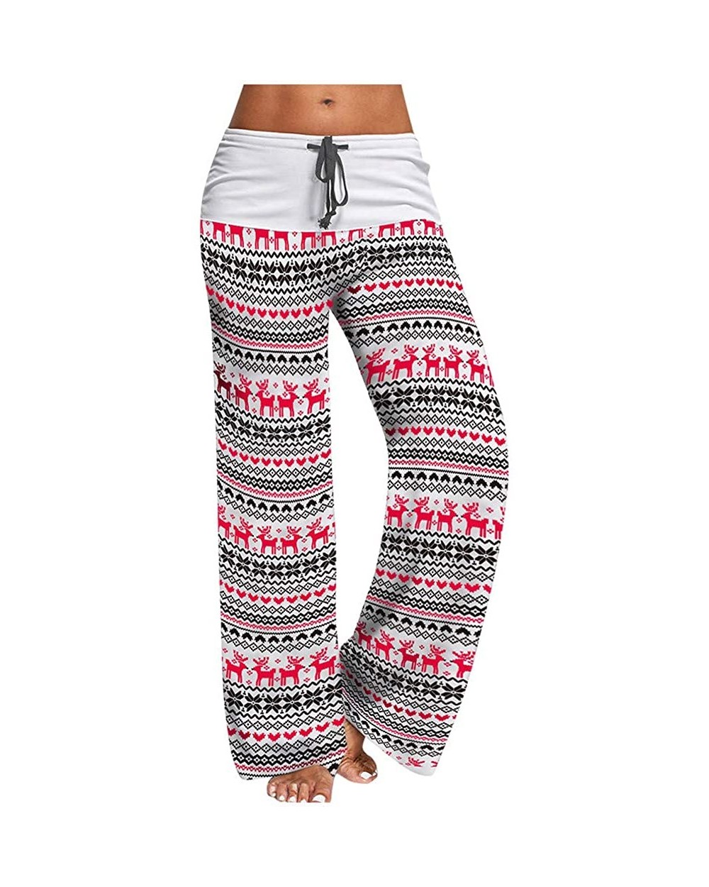 Womens Christmas Comfy Casual Pajama Pants Elk Print Drawstring Sweatpants High Waist Wide Leg Lounge Pants White - CD18A59G5...