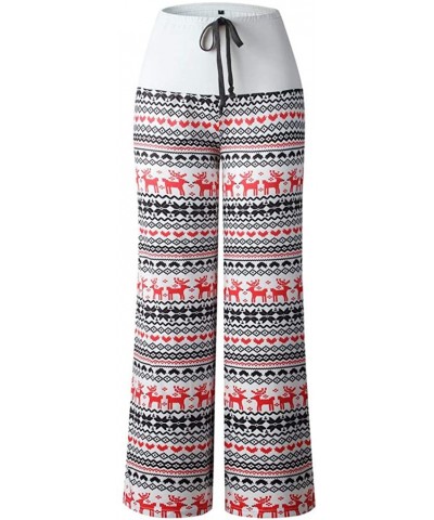 Womens Christmas Comfy Casual Pajama Pants Elk Print Drawstring Sweatpants High Waist Wide Leg Lounge Pants White - CD18A59G5...