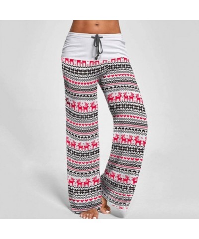 Womens Christmas Comfy Casual Pajama Pants Elk Print Drawstring Sweatpants High Waist Wide Leg Lounge Pants White - CD18A59G5...