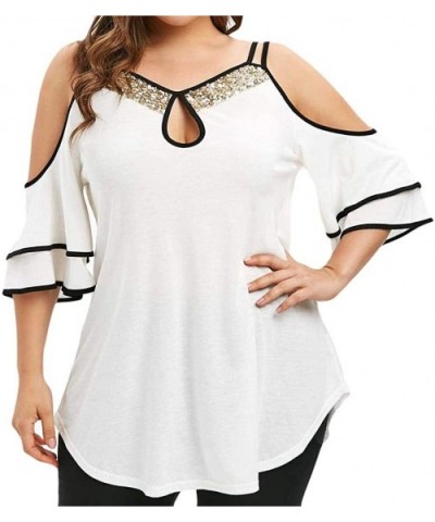 Womens Tops-Fashion Women Summer Casual Strap Leaky Shoulder Sequin Short Sleeve t-Shirt - White - CM193QI69OH $18.36 Shapewear