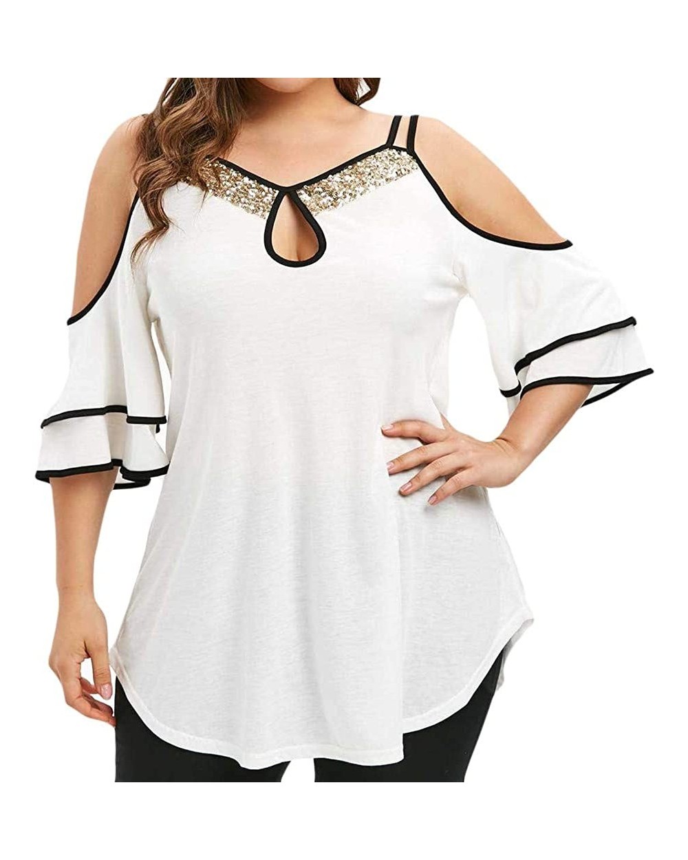 Womens Tops-Fashion Women Summer Casual Strap Leaky Shoulder Sequin Short Sleeve t-Shirt - White - CM193QI69OH $18.36 Shapewear