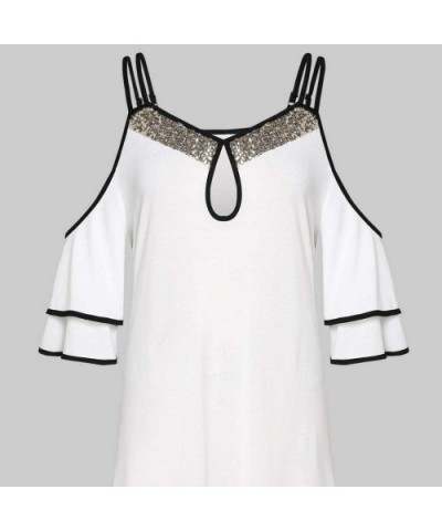 Womens Tops-Fashion Women Summer Casual Strap Leaky Shoulder Sequin Short Sleeve t-Shirt - White - CM193QI69OH $18.36 Shapewear