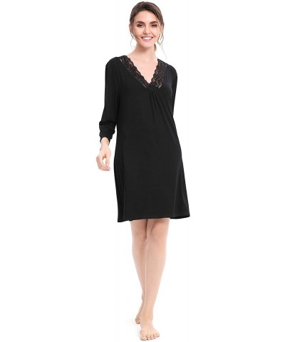 Sleepwear Nightgown Nightdress Women Cotton Sleepwear Long Sleeve Nightgowns V Neck Soft Lace Lounge Dress Black - CY18RY5424...