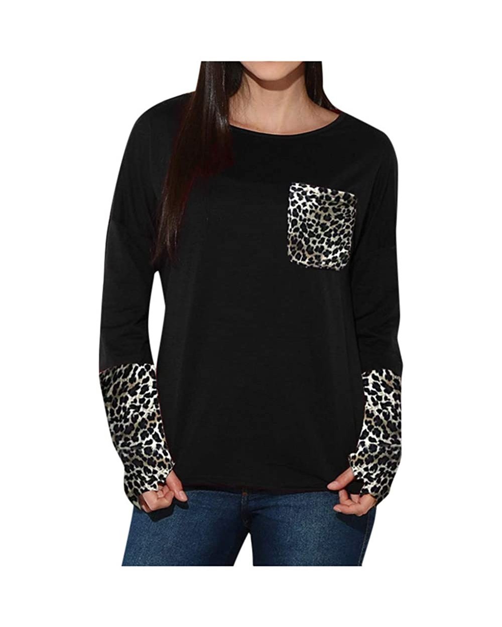 Women's Patchwork Casual Loose T-Shirts Tunic Leopard Tops with Thumb Holes - Black - CG18YWE8G4U $28.98 Thermal Underwear