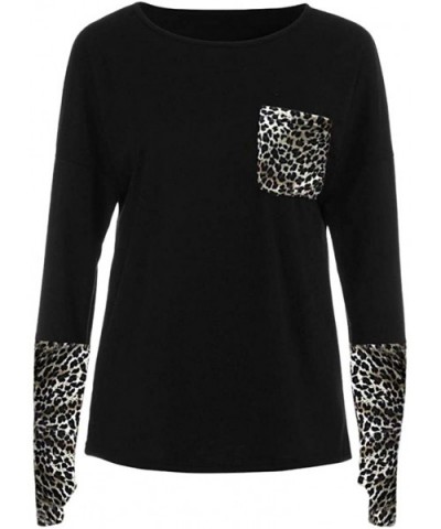 Women's Patchwork Casual Loose T-Shirts Tunic Leopard Tops with Thumb Holes - Black - CG18YWE8G4U $28.98 Thermal Underwear