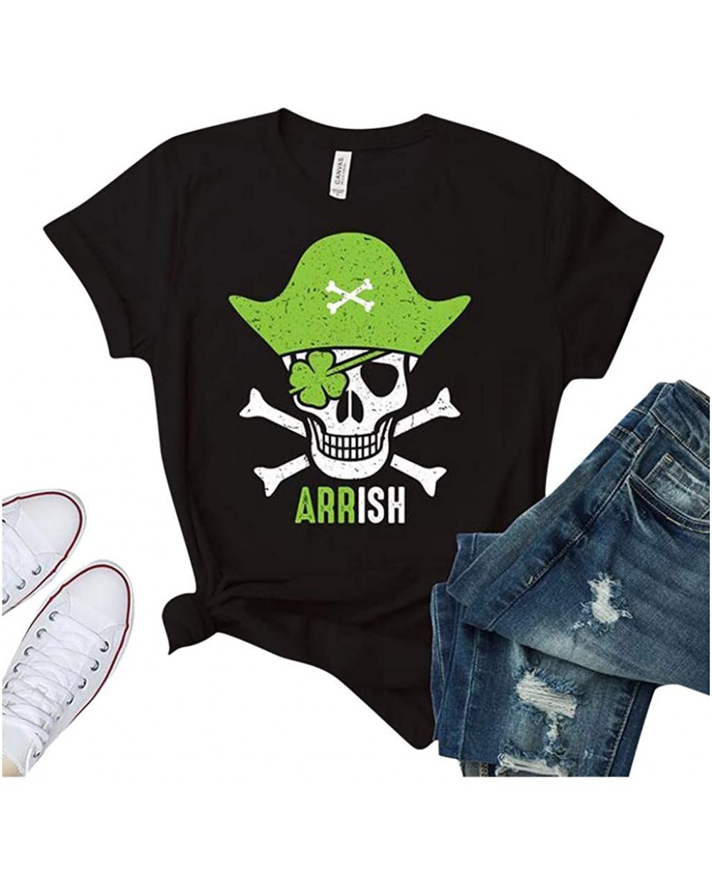 Patrick's Day Women's T-Shirt- Green O-Neck Short Sleeve Vest Blouse - A-black - CP1944RHQOT $17.37 Tops