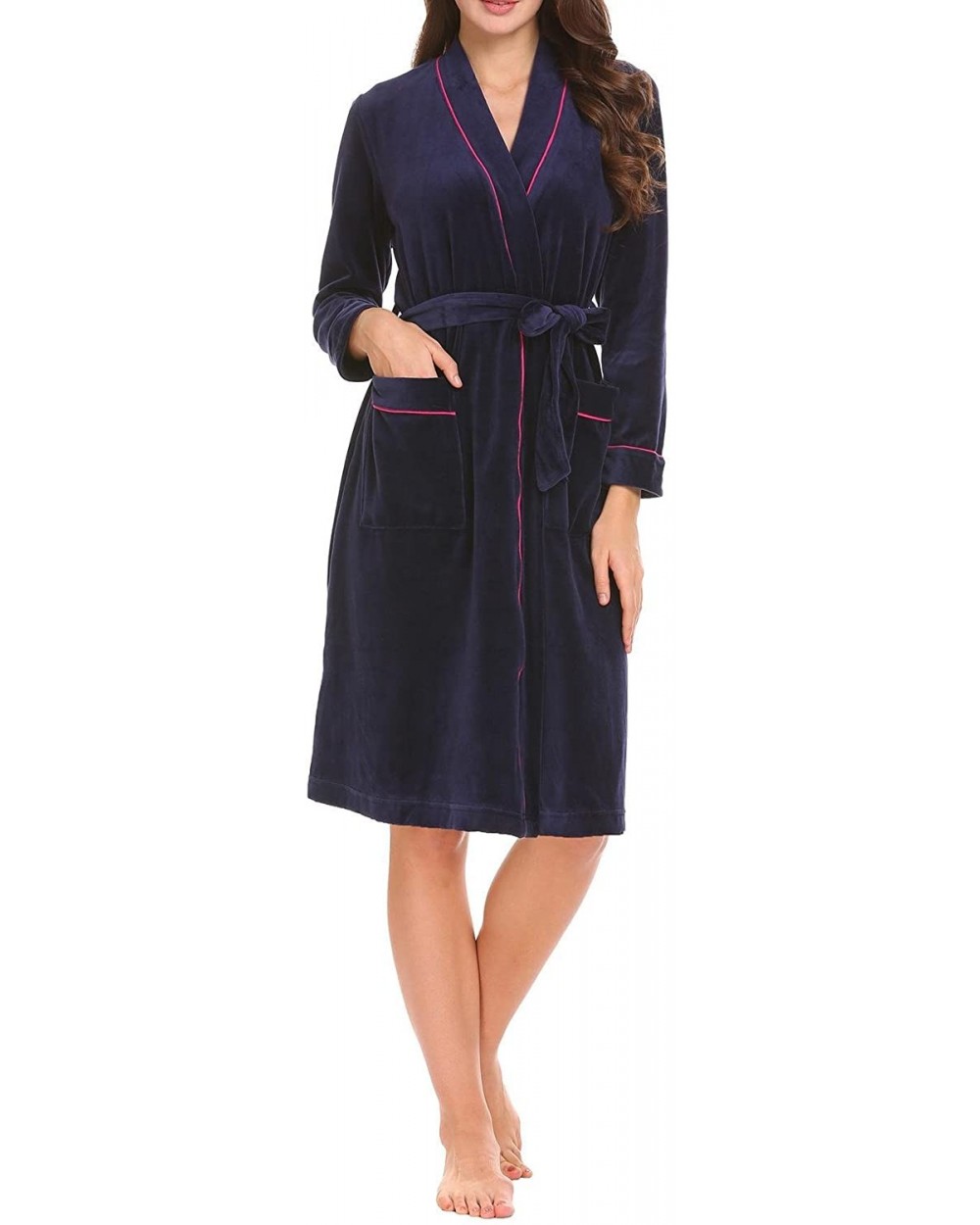 Womens Long Sleeve Fleece Bathrobes Kimono Spa Robe - Navy Blue(8022) - CA1884LCKMW $44.57 Robes