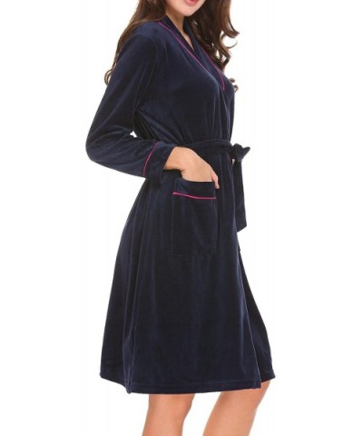 Womens Long Sleeve Fleece Bathrobes Kimono Spa Robe - Navy Blue(8022) - CA1884LCKMW $44.57 Robes