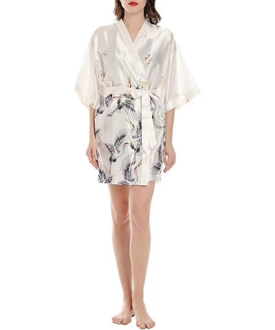 Women's Short Satin Kimono Robes Bridesmaids Sleepwear with Oblique V-Neck - White - C4197QG20D8 $46.19 Robes