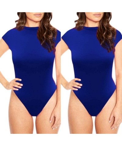 Womens O-Neck Short Sleeve Bodysuit Basic Solid Color Casual Stretchy Leggings Bodysuits - Blue - C0196QQKRUA $17.09 Shapewear