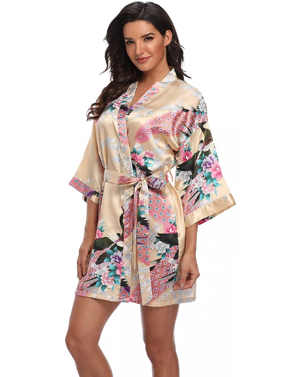 Women's Short Bridesmaids Robe Floral Satin Kimono Dressing Gown Loungewear - Champagne Gold - CN18X4SZ6TX $19.57 Robes