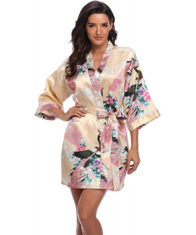 Women's Short Bridesmaids Robe Floral Satin Kimono Dressing Gown Loungewear - Champagne Gold - CN18X4SZ6TX $19.57 Robes