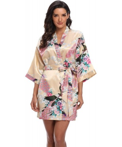 Women's Short Bridesmaids Robe Floral Satin Kimono Dressing Gown Loungewear - Champagne Gold - CN18X4SZ6TX $19.57 Robes