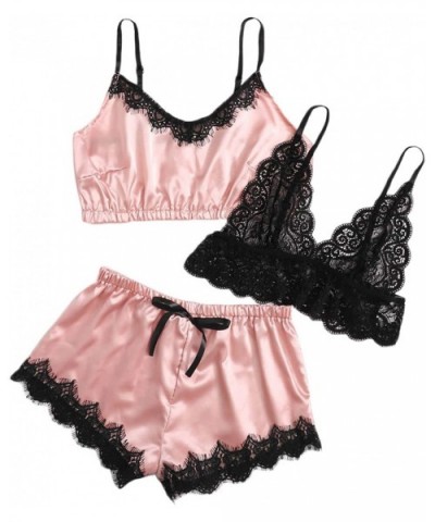 Women's Sexy Sheer Lace Satin Lingerie Set Bralette Top and Shorts Pajama Set - Pink - CN1905RSSG7 $26.56 Sets