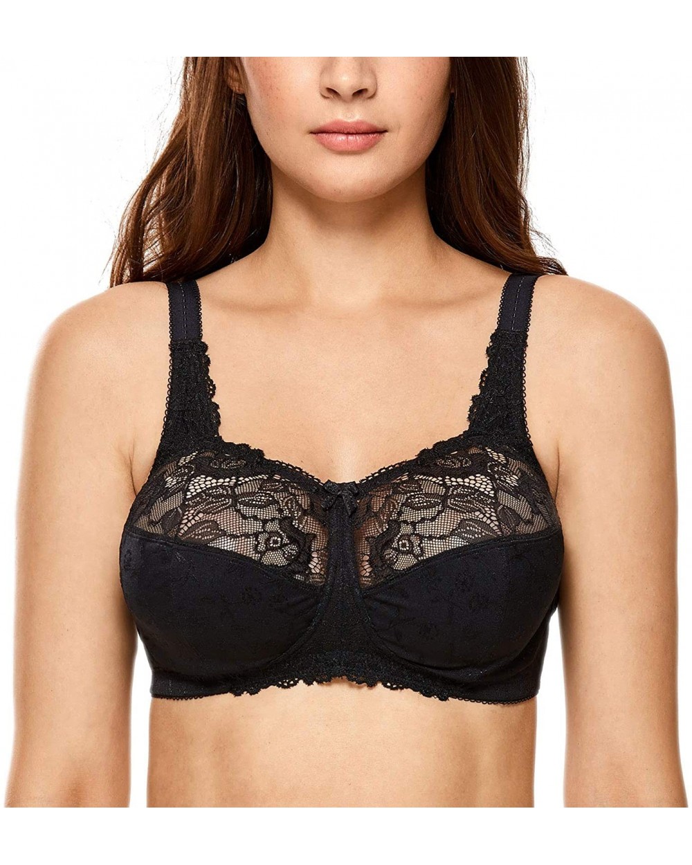 Women's Lace Plus Size Bras Unlined Full Coverage Wireless Bra - Black - CZ18YSQMYO7 $37.14 Bras