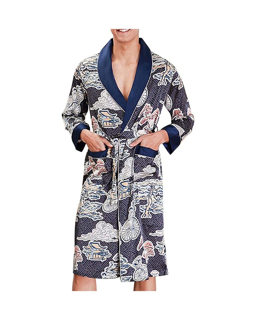 Men's Robe-Floral Print Long Sleeve Kimono Bathrobe Pajamas-Satin Sleepwear Loungewear Nightgown - Navy - C4192DUWSCU $42.64 ...