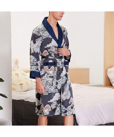 Men's Robe-Floral Print Long Sleeve Kimono Bathrobe Pajamas-Satin Sleepwear Loungewear Nightgown - Navy - C4192DUWSCU $42.64 ...