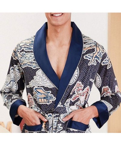 Men's Robe-Floral Print Long Sleeve Kimono Bathrobe Pajamas-Satin Sleepwear Loungewear Nightgown - Navy - C4192DUWSCU $42.64 ...