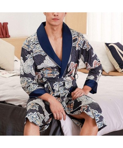 Men's Robe-Floral Print Long Sleeve Kimono Bathrobe Pajamas-Satin Sleepwear Loungewear Nightgown - Navy - C4192DUWSCU $42.64 ...