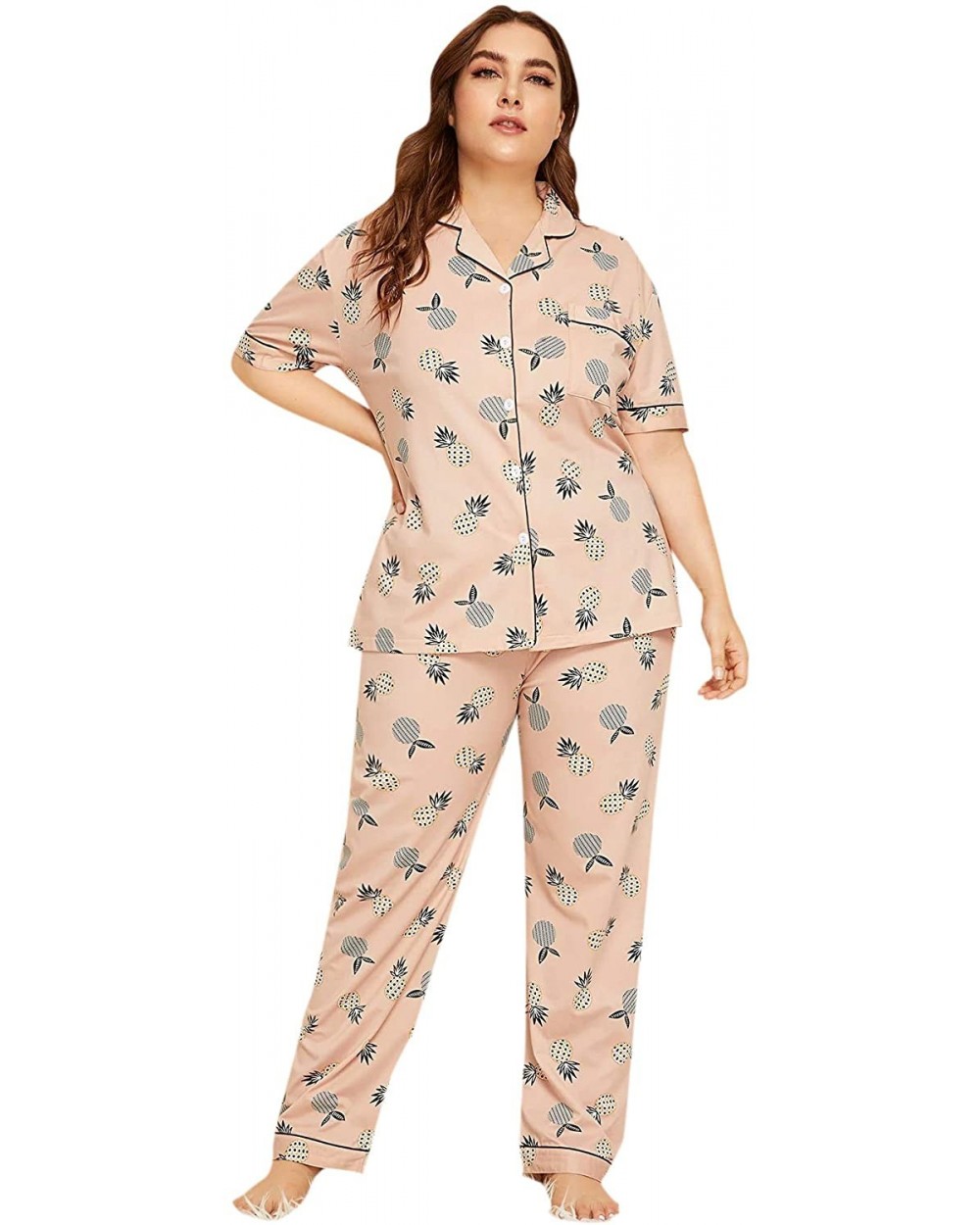 Women's Sleepwear Plus Button Short Sleeve Top Pajamas Set Loungewear Set - Pink - CG18WMZ8RAR $40.78 Sets