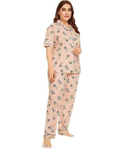 Women's Sleepwear Plus Button Short Sleeve Top Pajamas Set Loungewear Set - Pink - CG18WMZ8RAR $40.78 Sets